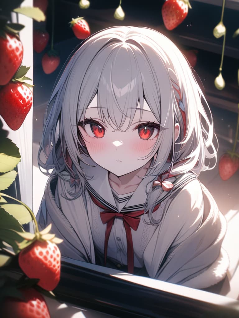  Cute, girl, young face, white skin, thin body, fluffy hair, white hair, bright red eyes, strawberry decoration, school uniform, masterpiece, best quality,8k,ultra detailed,high resolution,an extremely delicate and beautiful,hyper detail