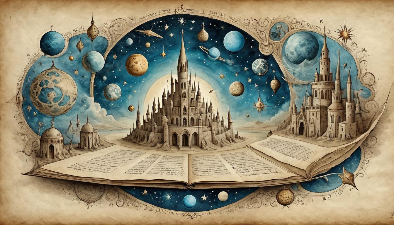  on parchment, surrealism+++, Daily life with a cosmic twist, complexity of thought, stardust of solutions, intricate, profound(mysterious, provocative, symbolic,muted color)+++