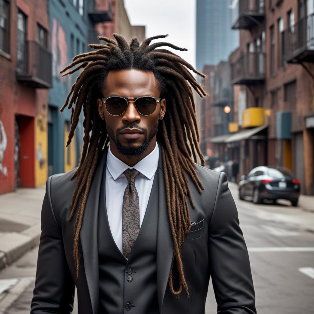  A well-dressed black man from the urban era with dreadlocks. He is stylishly dressed in fashionable urban attire, exuding confidence and sophistication. The background showcases a gritty urban neighborhood with projects buildings and street art, capturing the essence of urban culture and diversity. hyperrealistic, full body, detailed clothing, highly detailed, cinematic lighting, stunningly beautiful, intricate, sharp focus, f/1. 8, 85mm, (centered image composition), (professionally color graded), ((bright soft diffused light)), volumetric fog, trending on instagram, trending on tumblr, HDR 4K, 8K