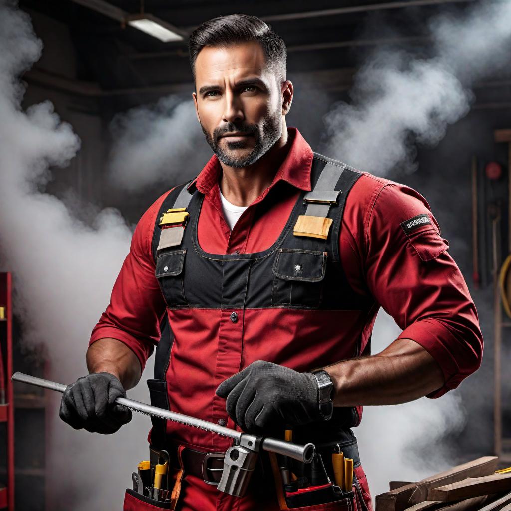  Create an image of a handyman with a flash theme using colors black and red. The image should convey a sense of action and expertise, with a modern and sleek design. The handyman should be depicted in a dynamic pose, showcasing tools or equipment related to handiwork. The background should complement the theme with elements that enhance the overall aesthetic appeal. hyperrealistic, full body, detailed clothing, highly detailed, cinematic lighting, stunningly beautiful, intricate, sharp focus, f/1. 8, 85mm, (centered image composition), (professionally color graded), ((bright soft diffused light)), volumetric fog, trending on instagram, trending on tumblr, HDR 4K, 8K