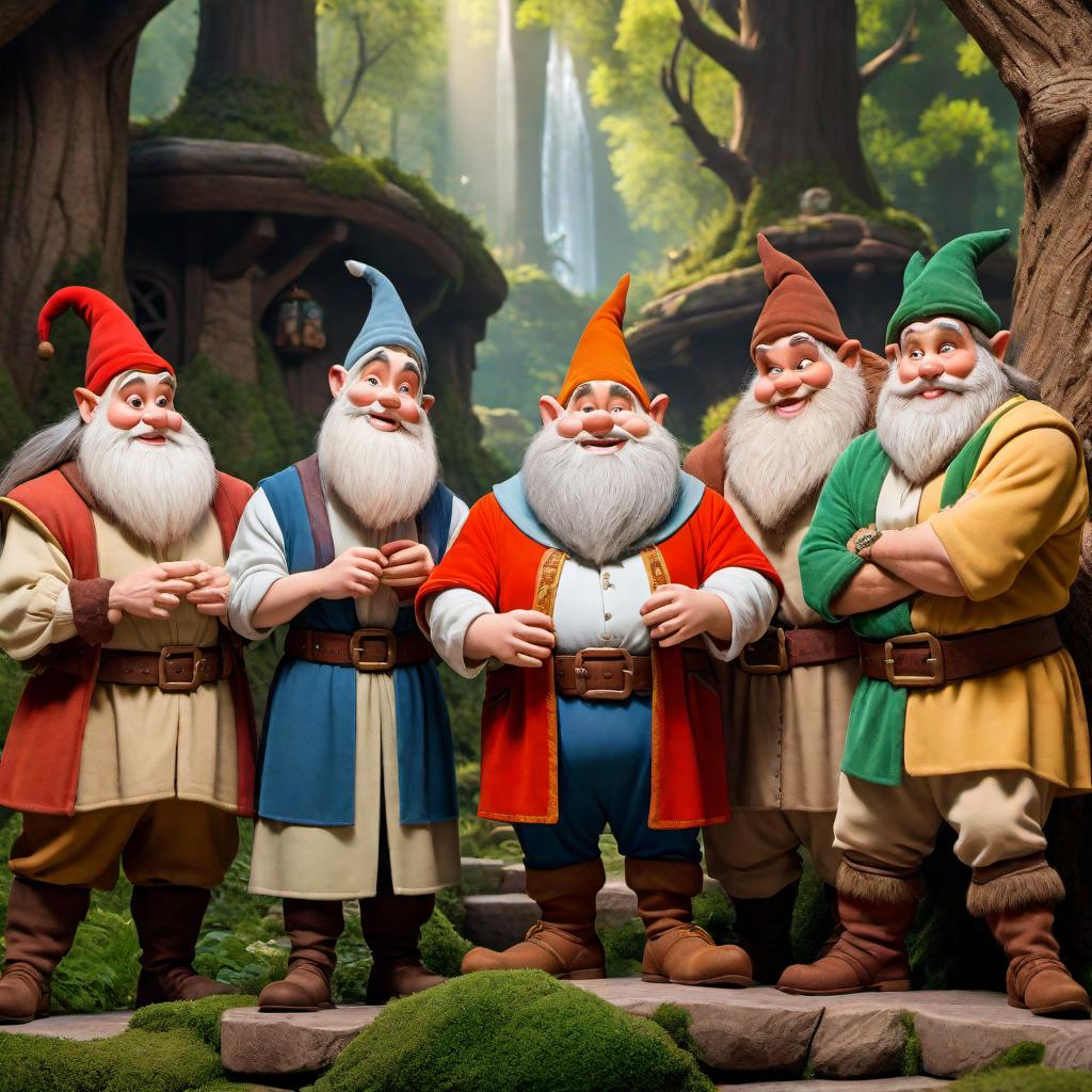  A photo depicting the seven dwarfs from Sleeping Beauty. The dwarfs should be in a picturesque forest setting, each with their unique attire and expressions. The background should be detailed with lush greenery, tall trees, and a serene atmosphere. The scene should have a fairytale-like ambiance, reminiscent of classic animated films. The dwarfs should be engaging in various activities, showcasing their distinct personalities. hyperrealistic, full body, detailed clothing, highly detailed, cinematic lighting, stunningly beautiful, intricate, sharp focus, f/1. 8, 85mm, (centered image composition), (professionally color graded), ((bright soft diffused light)), volumetric fog, trending on instagram, trending on tumblr, HDR 4K, 8K