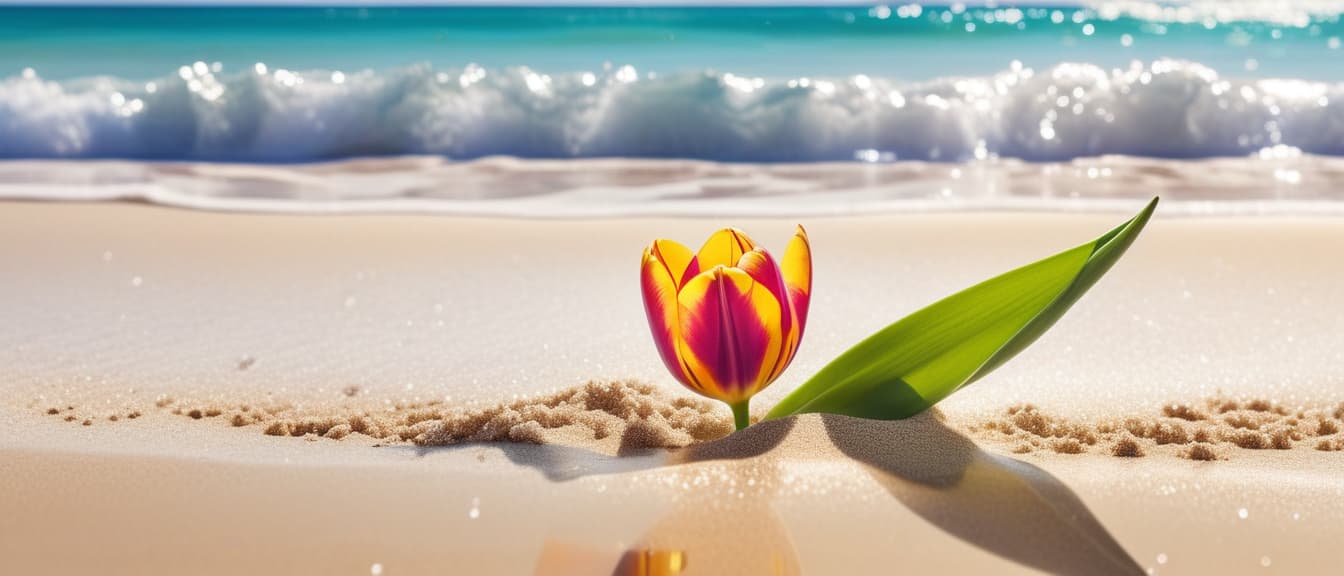  Macro Photography, Beach summer panoramic background with Tulip flower on the cristal sand and glory water, close up, macro 100mm, macro photography