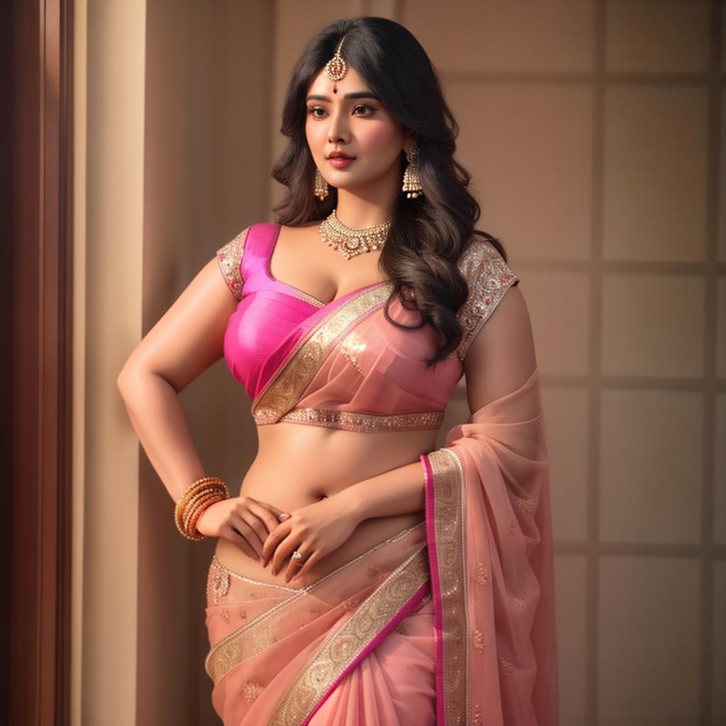  a Chubby indian women in pink saree, clean face details, portrait hyperrealistic, full body, detailed clothing, highly detailed, cinematic lighting, stunningly beautiful, intricate, sharp focus, f/1. 8, 85mm, (centered image composition), (professionally color graded), ((bright soft diffused light)), volumetric fog, trending on instagram, trending on tumblr, HDR 4K, 8K