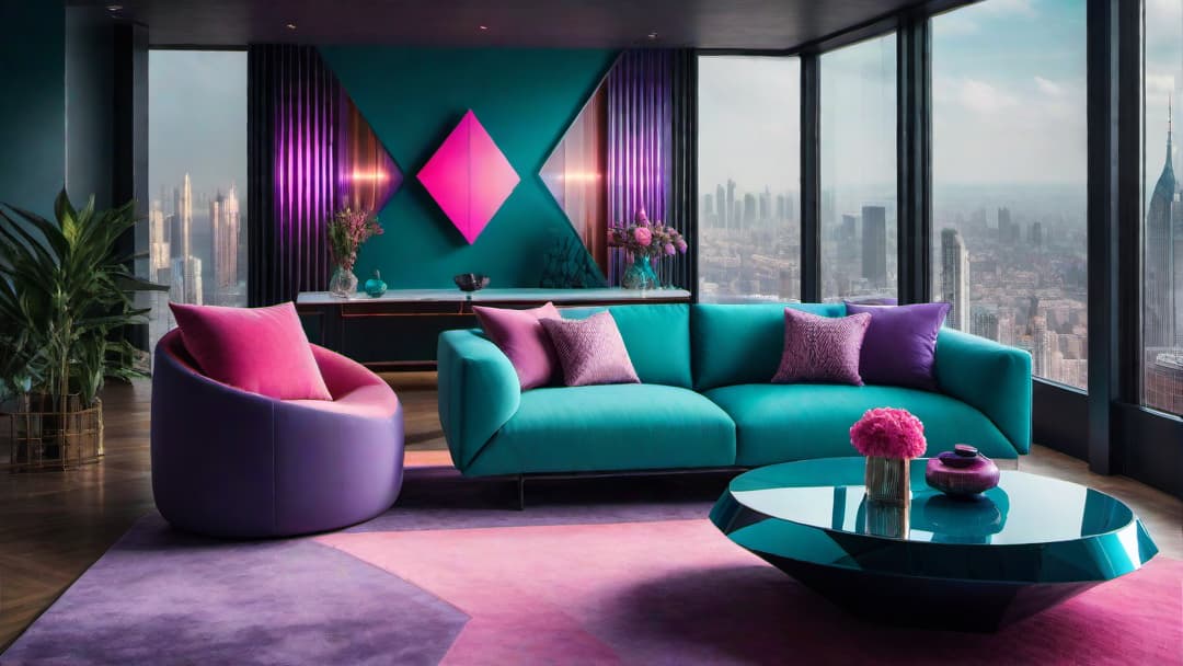  Design an image of an 80's inspired living room with bold geometric wallpaper in shades of teal, pink, and purple. Include angular furniture with glossy finishes and a circular glass coffee table with metallic accents. Incorporate bright neon lights and abstract art pieces to enhance the futuristic aesthetic of the room. hyperrealistic, full body, detailed clothing, highly detailed, cinematic lighting, stunningly beautiful, intricate, sharp focus, f/1. 8, 85mm, (centered image composition), (professionally color graded), ((bright soft diffused light)), volumetric fog, trending on instagram, trending on tumblr, HDR 4K, 8K