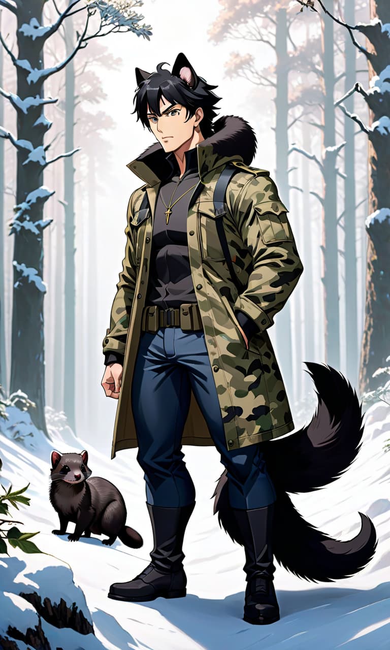  anime artwork A man aged 40 with black hair and black ferret like ears, well built physique, wearing camouflage clothing against a background of a wintry forest, in a full height stance with black ferret like ears. . anime style, key visual, vibrant, studio anime, highly detailed hyperrealistic, full body, detailed clothing, highly detailed, cinematic lighting, stunningly beautiful, intricate, sharp focus, f/1. 8, 85mm, (centered image composition), (professionally color graded), ((bright soft diffused light)), volumetric fog, trending on instagram, trending on tumblr, HDR 4K, 8K