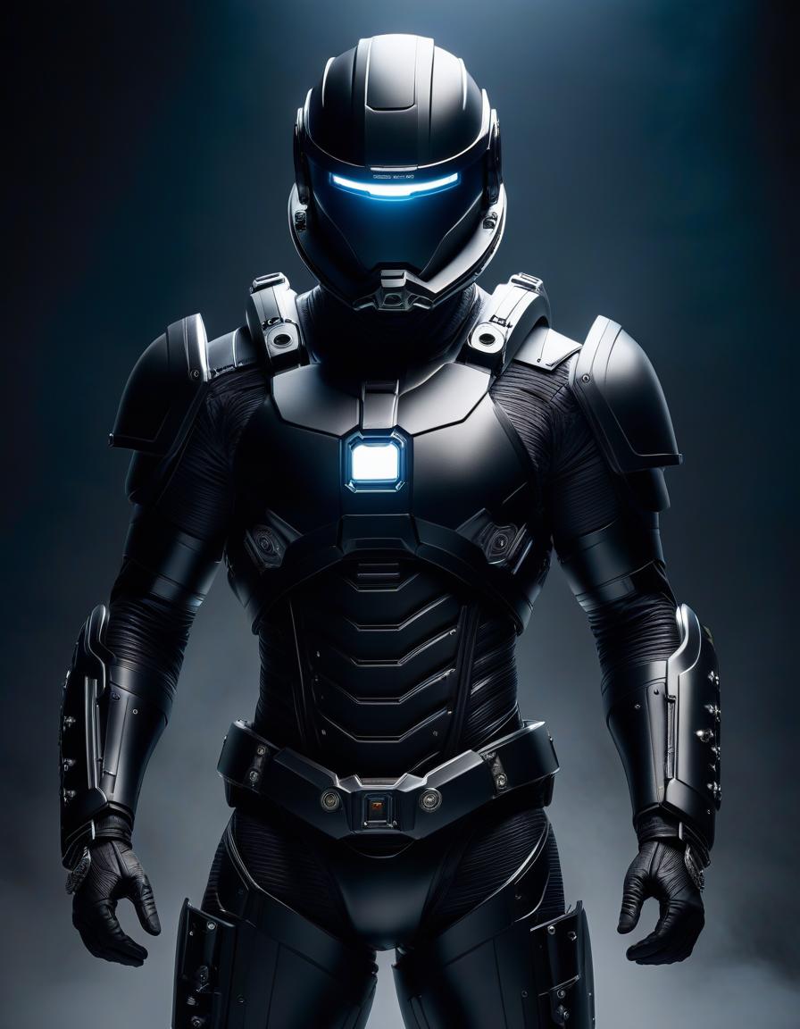  Book cover: A man in a black exoskeleton wearing a helmet, standing with his arms crossed over his chest. No background, very detailed and detailed model hyperrealistic, full body, detailed clothing, highly detailed, cinematic lighting, stunningly beautiful, intricate, sharp focus, f/1. 8, 85mm, (centered image composition), (professionally color graded), ((bright soft diffused light)), volumetric fog, trending on instagram, trending on tumblr, HDR 4K, 8K