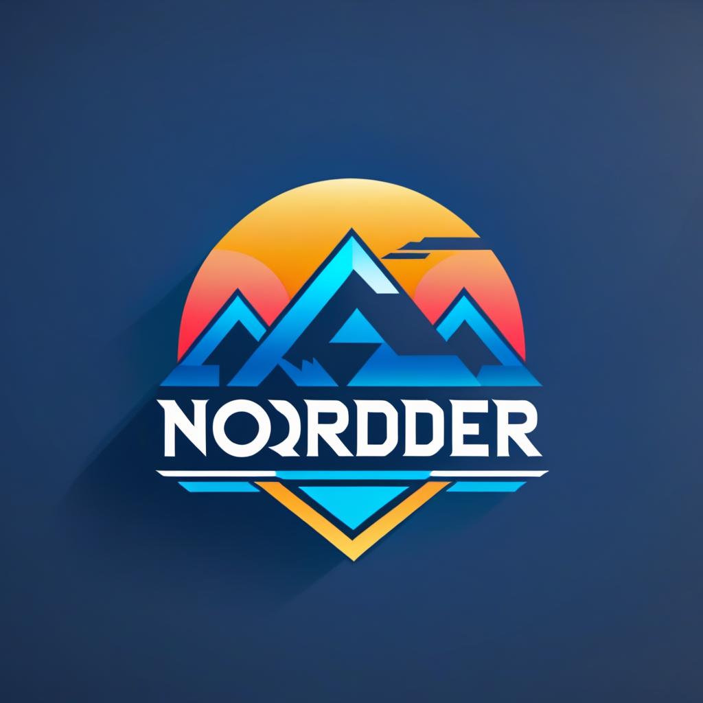  Logo, (geometric style), Wanderer auf Bergwanderung im blauen Sonnenaufgang Richtung „Norden“.