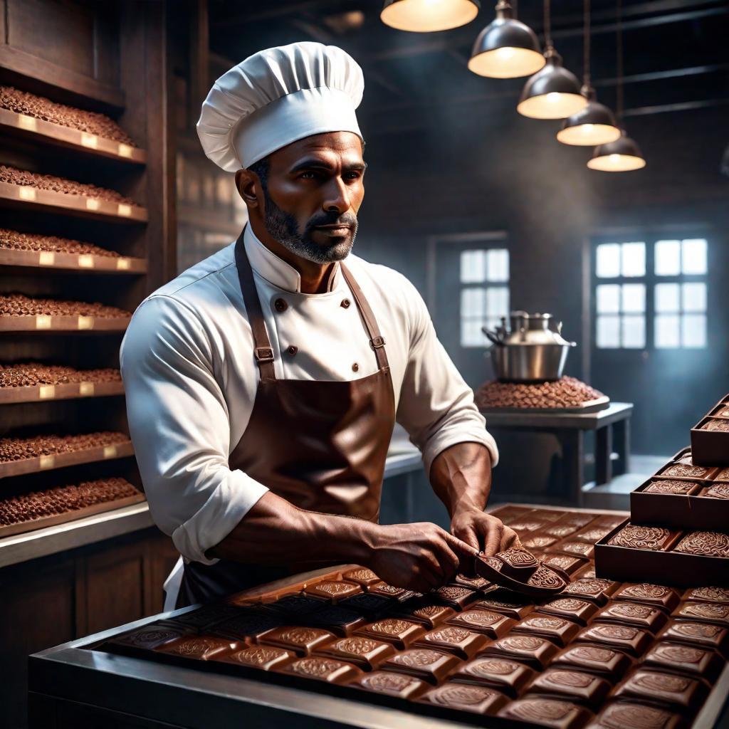  Chocolate maker hyperrealistic, full body, detailed clothing, highly detailed, cinematic lighting, stunningly beautiful, intricate, sharp focus, f/1. 8, 85mm, (centered image composition), (professionally color graded), ((bright soft diffused light)), volumetric fog, trending on instagram, trending on tumblr, HDR 4K, 8K