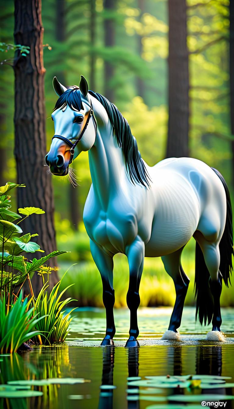  Professional 3D model of A spring horse is standing in a beautiful forest. The horse is a fool. The horse drinks water from a lake with water lilies. . Rendered with Octane, the model is highly detailed,dramatic lighting. hyperrealistic, full body, detailed clothing, highly detailed, cinematic lighting, stunningly beautiful, intricate, sharp focus, f/1. 8, 85mm, (centered image composition), (professionally color graded), ((bright soft diffused light)), volumetric fog, trending on instagram, trending on tumblr, HDR 4K, 8K