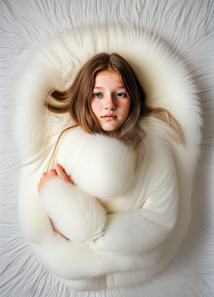  beautiful swedish 13yo girl with her long fluffy hair cuddle with a a big fluffy white curly sheepskin rug