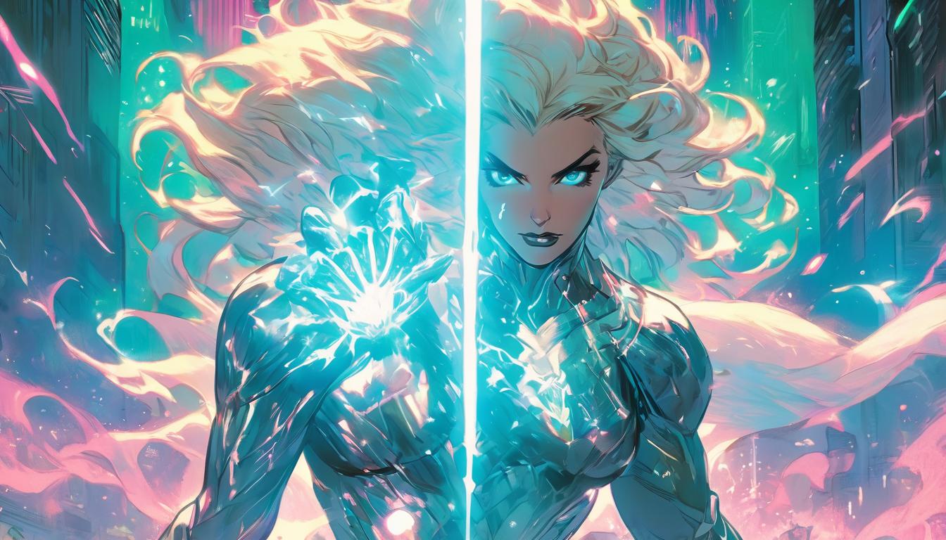  hyperrealism,fantasy aesthetic1woman, large busted attractive blonde arian female humanoid, futuristic sleek attire, holding a radiant crystal staff, surrounded by aurora lights, high tech clothing clad in sleek, futuristic costume with metallic accents and form fitting designs, marvel superhero comics style, unreal engine rendering