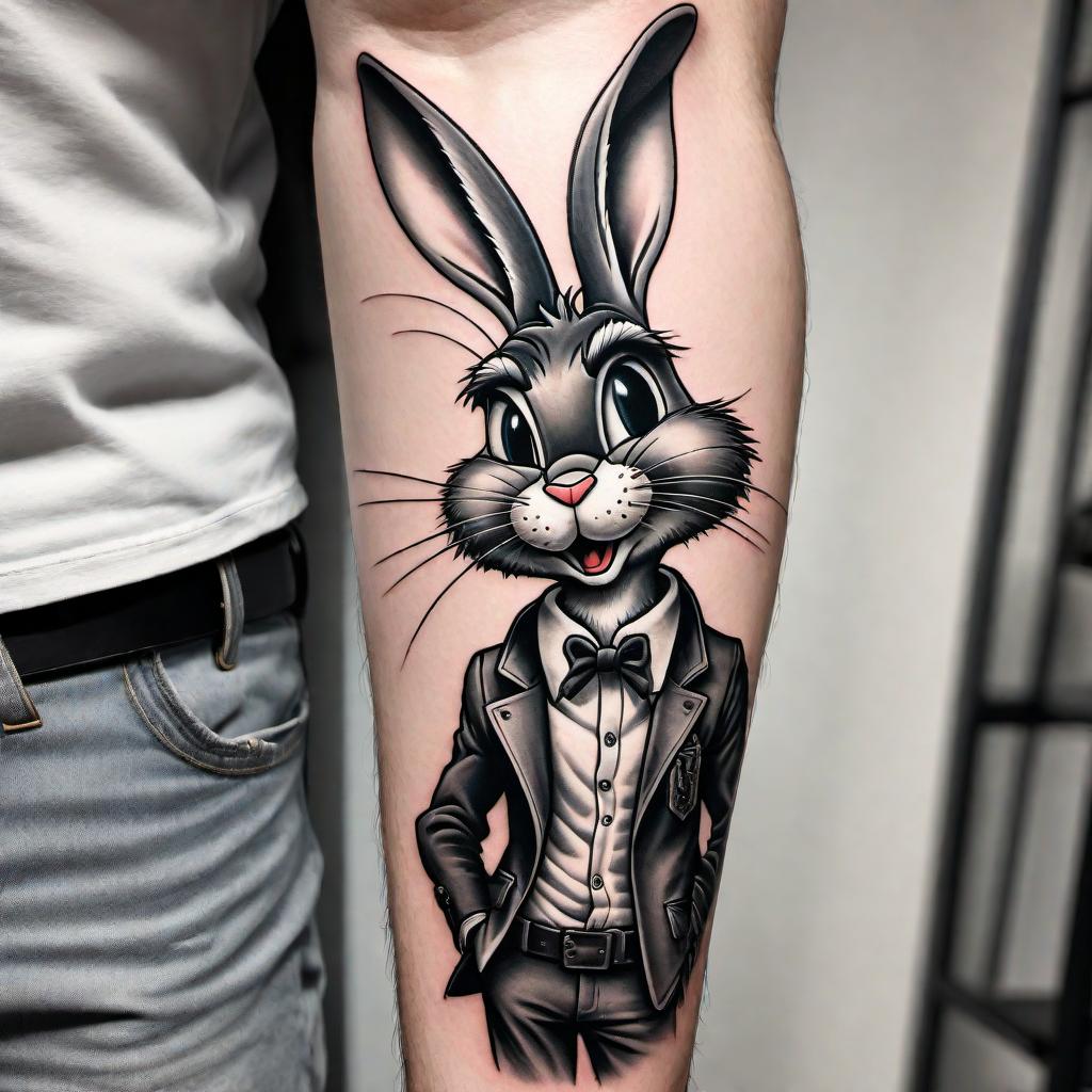  A detailed black and white tattoo design of Bugs Bunny in a tough and hard-edged style. Imagine Bugs Bunny with a gritty, street-wise look, possibly with a leather jacket and a confident, rebellious pose. The design should feature strong lines, shadows, and intricate details, perfect for a striking tattoo. hyperrealistic, full body, detailed clothing, highly detailed, cinematic lighting, stunningly beautiful, intricate, sharp focus, f/1. 8, 85mm, (centered image composition), (professionally color graded), ((bright soft diffused light)), volumetric fog, trending on instagram, trending on tumblr, HDR 4K, 8K