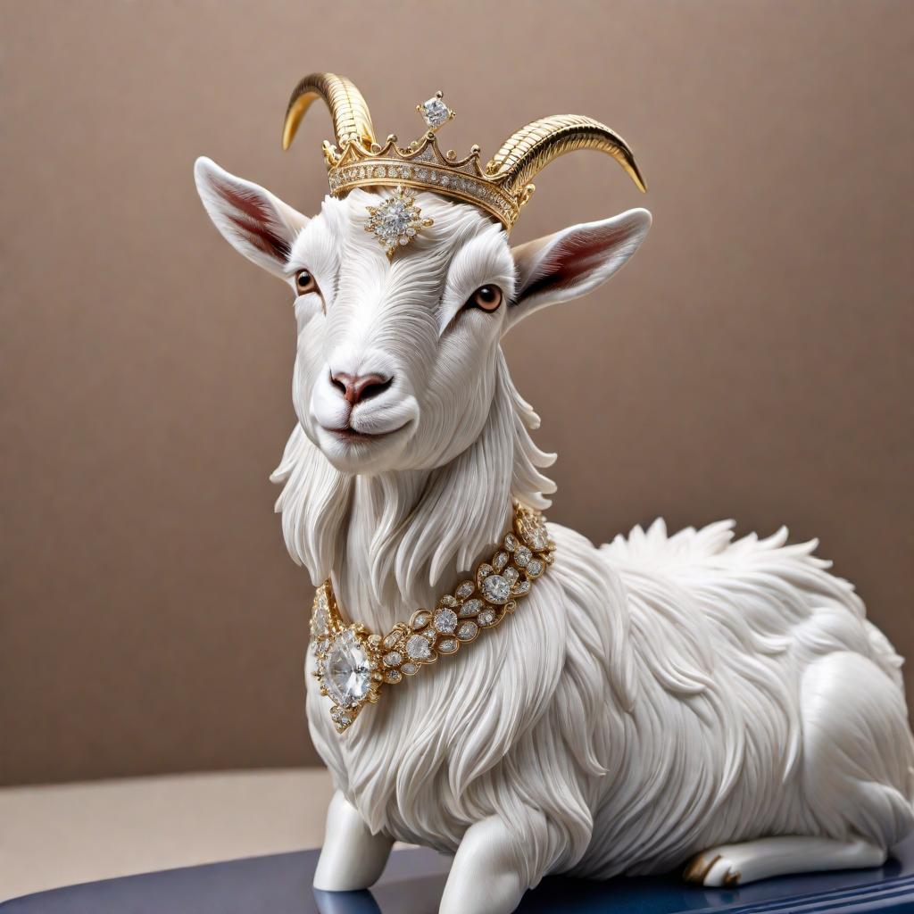  A diamond-clustered goat wearing three crowns standing on a surfboard pendant. The goat should be intricately designed with sparkling diamonds, and each crown should have a unique ornate design. The surfboard pendant should be gold or silver with detailed engravings and possibly some gemstones embedded in it. hyperrealistic, full body, detailed clothing, highly detailed, cinematic lighting, stunningly beautiful, intricate, sharp focus, f/1. 8, 85mm, (centered image composition), (professionally color graded), ((bright soft diffused light)), volumetric fog, trending on instagram, trending on tumblr, HDR 4K, 8K