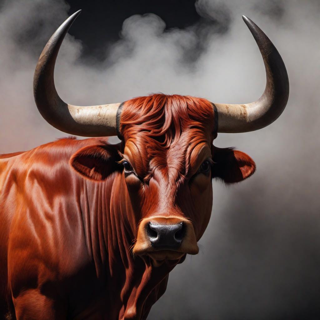  A logo featuring a menacing Longhorn Bull's head for a beef jerky business. The bull has a muscular build, especially around the rear and hindquarters, with a lowered head in an attacking or defending stance. The bull has long, wide horns curving outward. The eyes are red and black, giving a mad, spicy, and aggressive look. Smoke is snorting from its nostrils, prominently visible. The color scheme includes burnt orange, gray, black, and off-white, set against a rugged, rustic background. Include a banner that reads 'Longhorn Beef Jerky Co.' in a bold, rustic font that complements the toughness of the bull. The logo should capture the essence of strength, tradition, and fierceness, with shadows, highlights, and textures to enhance the muscul hyperrealistic, full body, detailed clothing, highly detailed, cinematic lighting, stunningly beautiful, intricate, sharp focus, f/1. 8, 85mm, (centered image composition), (professionally color graded), ((bright soft diffused light)), volumetric fog, trending on instagram, trending on tumblr, HDR 4K, 8K