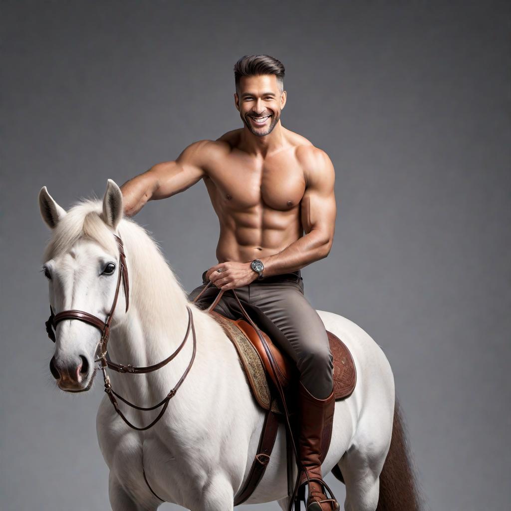  A man sitting on the horse's head facing the wrong direction, with no shirt on and a huge smile on his face. There is a squirrel hiding underneath the horse's tail. hyperrealistic, full body, detailed clothing, highly detailed, cinematic lighting, stunningly beautiful, intricate, sharp focus, f/1. 8, 85mm, (centered image composition), (professionally color graded), ((bright soft diffused light)), volumetric fog, trending on instagram, trending on tumblr, HDR 4K, 8K