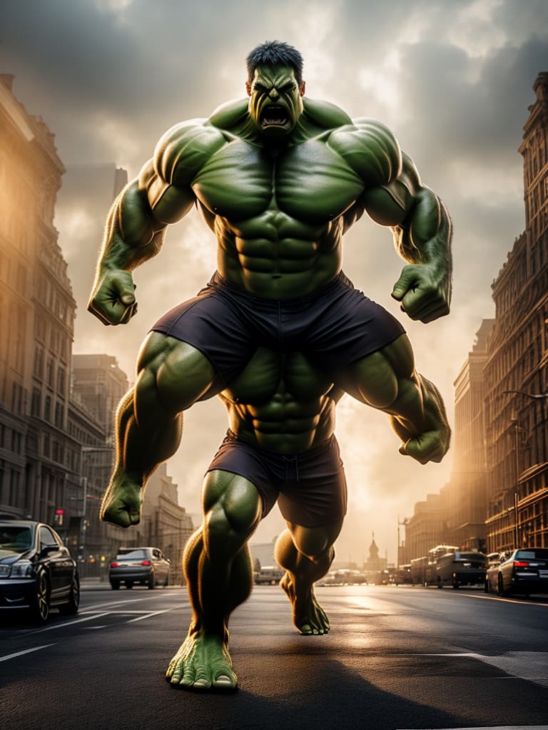  hulk hyperrealistic, full body, detailed clothing, highly detailed, cinematic lighting, stunningly beautiful, intricate, sharp focus, f/1. 8, 85mm, (centered image composition), (professionally color graded), ((bright soft diffused light)), volumetric fog, trending on instagram, trending on tumblr, HDR 4K, 8K