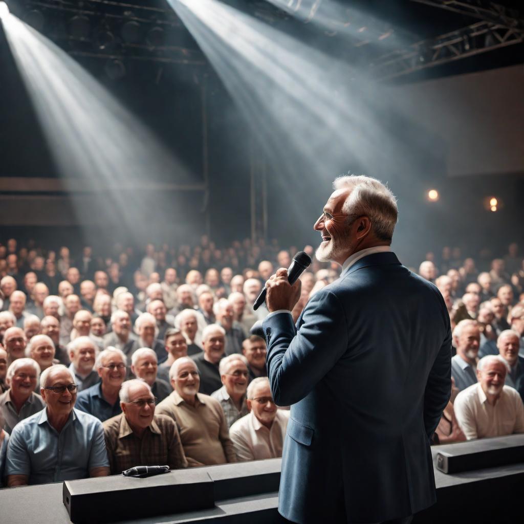  A heartwarming scene of a man on stage looking out over a crowd of older men in the audience. The man on stage is holding a microphone and has a warm smile, with a banner that reads 'Happy Father’s Day' visible. The perspective should be from behind the man on stage, over his shoulder, capturing the happy and expectant faces of the older men in the audience. The setting should be a bright and cheerful indoor venue, with decorations celebrating Father's Day. The banner should specifically say 'Happy Father’s Day.' hyperrealistic, full body, detailed clothing, highly detailed, cinematic lighting, stunningly beautiful, intricate, sharp focus, f/1. 8, 85mm, (centered image composition), (professionally color graded), ((bright soft diffused light)), volumetric fog, trending on instagram, trending on tumblr, HDR 4K, 8K