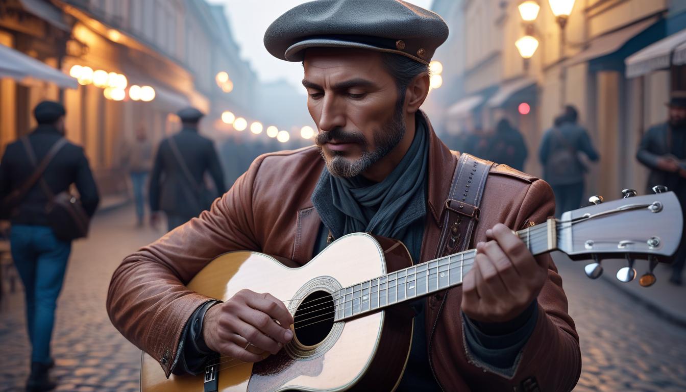  Hands on guitar string, close up, Russian street musician. hyperrealistic, full body, detailed clothing, highly detailed, cinematic lighting, stunningly beautiful, intricate, sharp focus, f/1. 8, 85mm, (centered image composition), (professionally color graded), ((bright soft diffused light)), volumetric fog, trending on instagram, trending on tumblr, HDR 4K, 8K