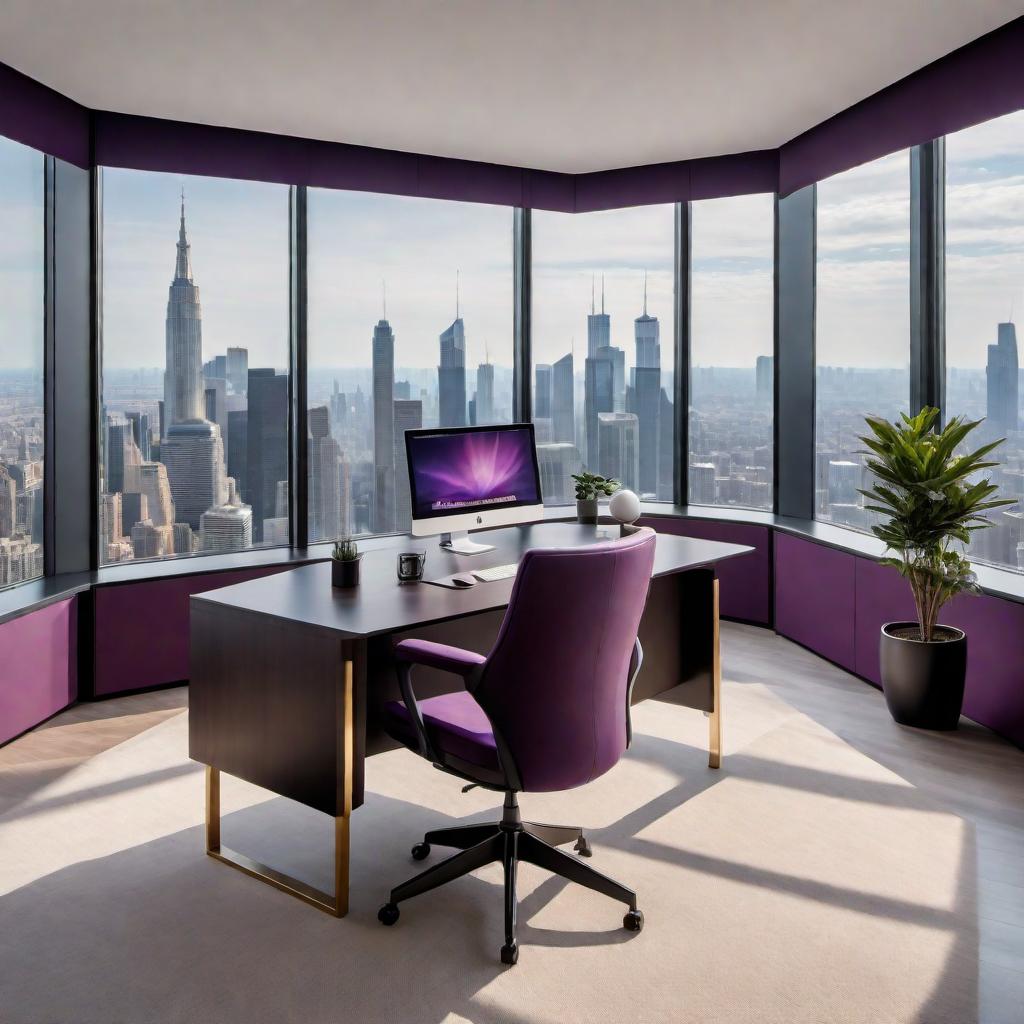  A professional empty virtual office designed for mediation practice. The office features the company colors of dark purple and gold. The space is clean and modern, with a calming atmosphere. Include a sleek desk, comfortable chairs, and ambient lighting. Large windows with a view of the city skyline in the background. Minimalistic decor that exudes professionalism and serenity. hyperrealistic, full body, detailed clothing, highly detailed, cinematic lighting, stunningly beautiful, intricate, sharp focus, f/1. 8, 85mm, (centered image composition), (professionally color graded), ((bright soft diffused light)), volumetric fog, trending on instagram, trending on tumblr, HDR 4K, 8K