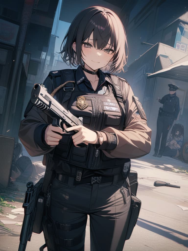  Police officer, emo, justice, crying, cute, pointing against pistols, women, crying, smiles, death, police officers, polys, guns, guns, masterpiece, best quality,8k,ultra detailed,high resolution,an extremely delicate and beautiful,hyper detail