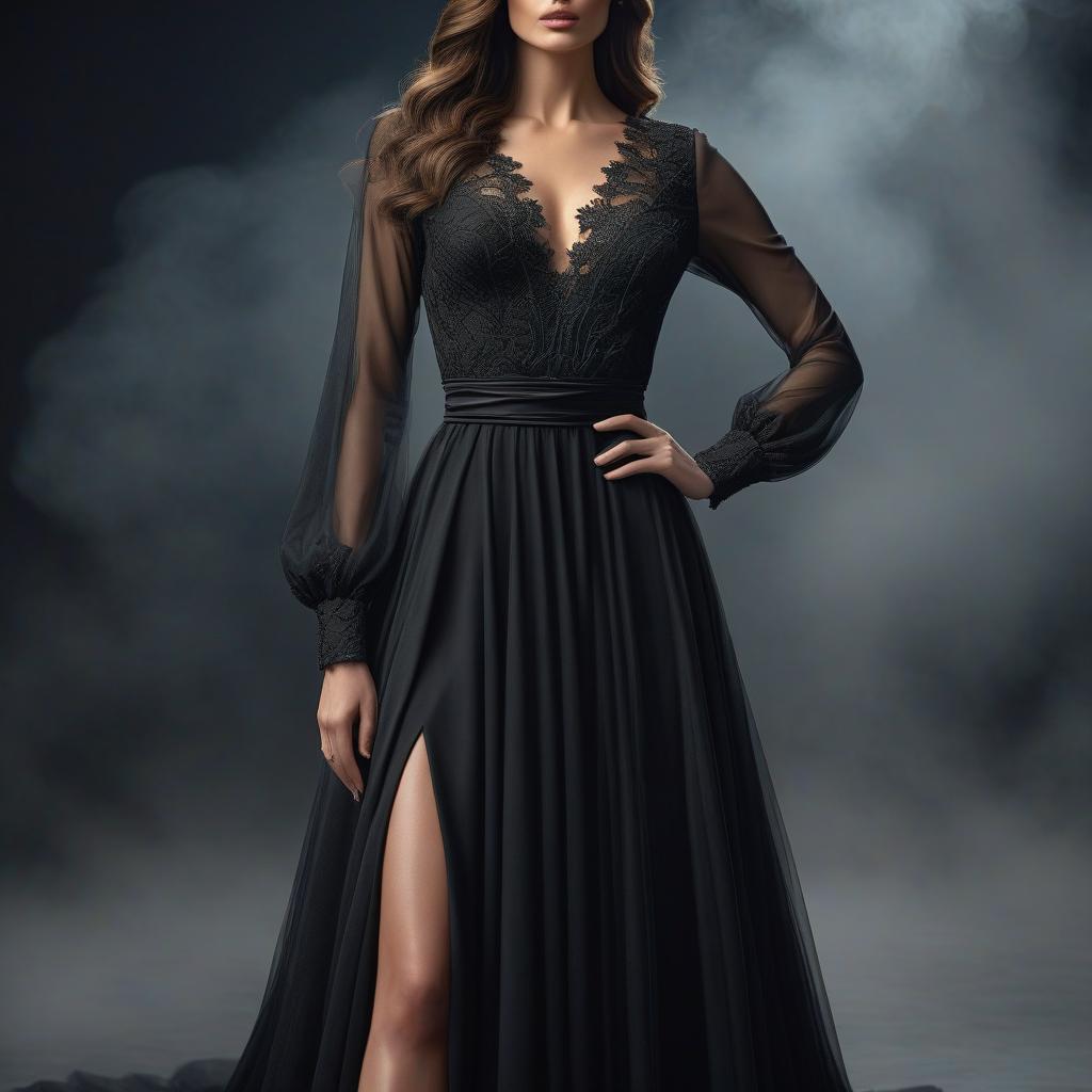  hyperrealistic art Create an image of a long black dress with long sleeves and a V shaped neckline. The length of the dress should be to the 's . The dress is worn by a and shown in full height. The dress should not be made of lace or transparent fabric. . extremely high resolution details, photographic, realism pushed to extreme, fine texture, incredibly lifelike hyperrealistic, full body, detailed clothing, highly detailed, cinematic lighting, stunningly beautiful, intricate, sharp focus, f/1. 8, 85mm, (centered image composition), (professionally color graded), ((bright soft diffused light)), volumetric fog, trending on instagram, trending on tumblr, HDR 4K, 8K