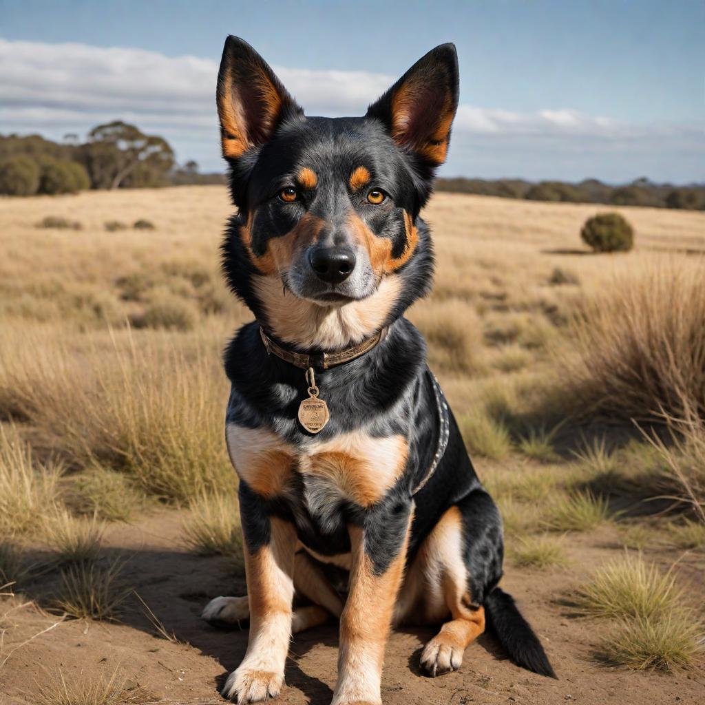  A Queensland Heeler (also known as an Australian Cattle Dog) mixed with a Poodle, showing traits from both breeds. The dog should have a black and brown coat. Depict the dog in a friendly and playful pose, possibly outdoors to match their energetic nature. hyperrealistic, full body, detailed clothing, highly detailed, cinematic lighting, stunningly beautiful, intricate, sharp focus, f/1. 8, 85mm, (centered image composition), (professionally color graded), ((bright soft diffused light)), volumetric fog, trending on instagram, trending on tumblr, HDR 4K, 8K