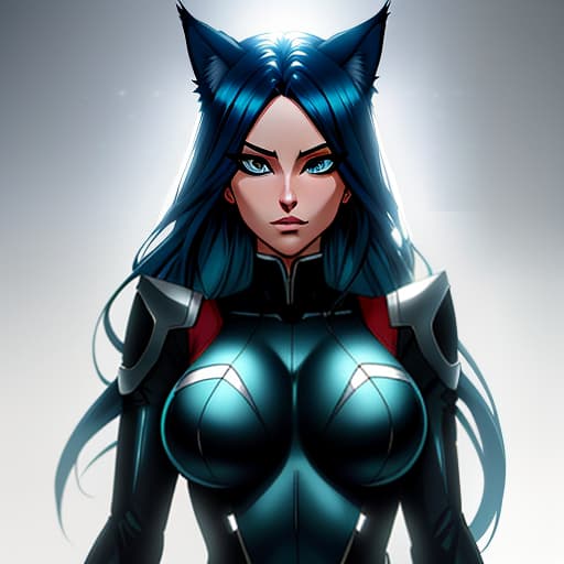  A girl from the anime My Hero Academia with long, blue hair, cat ears, fox like eyes, elongated face, and long eyelashes. Her eyes are the color of sapphires, and she wears a black green costume. hyperrealistic, full body, detailed clothing, highly detailed, cinematic lighting, stunningly beautiful, intricate, sharp focus, f/1. 8, 85mm, (centered image composition), (professionally color graded), ((bright soft diffused light)), volumetric fog, trending on instagram, trending on tumblr, HDR 4K, 8K