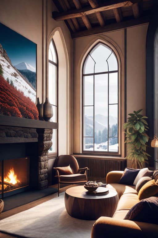   "Cave style living room, fireplace and snowy view outside the window, warm and inviting interior." hyperrealistic, full body, detailed clothing, highly detailed, cinematic lighting, stunningly beautiful, intricate, sharp focus, f/1. 8, 85mm, (centered image composition), (professionally color graded), ((bright soft diffused light)), volumetric fog, trending on instagram, trending on tumblr, HDR 4K, 8K