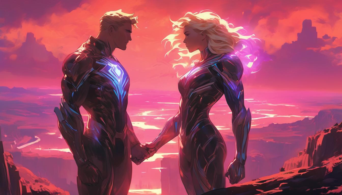  hyperrealism,fantasy aesthetic1man1woman, large busted attractive blonde arian female humanoid and attractive blonde arian male humanoid, holding hands, standing on a ledge overlooking a vast landscape, higher frequencies visible as auroras, stable and adventurous mood, high tech clothing clad in sleek, futuristic costume with metallic accents and form fitting designs, marvel superhero comics style, unreal engine rendering