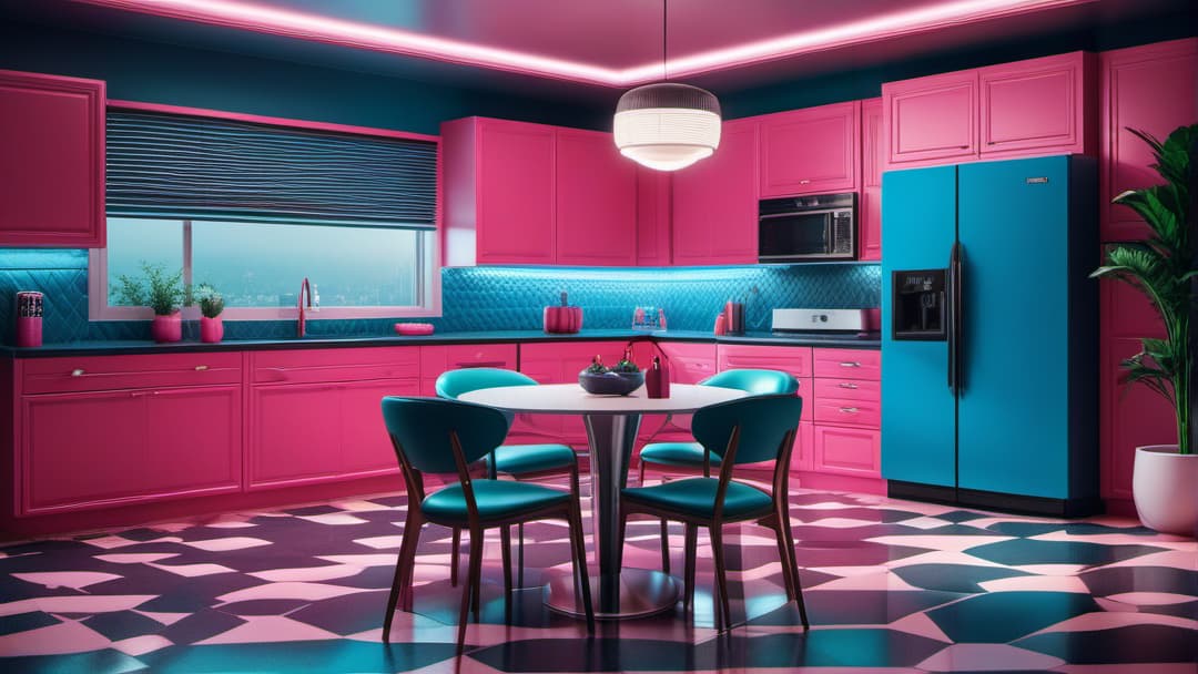  Generate an image of an 80s retro kitchen with bright neon colors and geometric patterns. The walls should be painted in bold hues like hot pink and electric blue, creating a lively atmosphere. Include cabinets and countertops with flashy chrome accents and neon lights. The floor should feature checkered tiles to enhance the retro vibe. The overall design should embody the nostalgia and playfulness of 80s interior design. hyperrealistic, full body, detailed clothing, highly detailed, cinematic lighting, stunningly beautiful, intricate, sharp focus, f/1. 8, 85mm, (centered image composition), (professionally color graded), ((bright soft diffused light)), volumetric fog, trending on instagram, trending on tumblr, HDR 4K, 8K