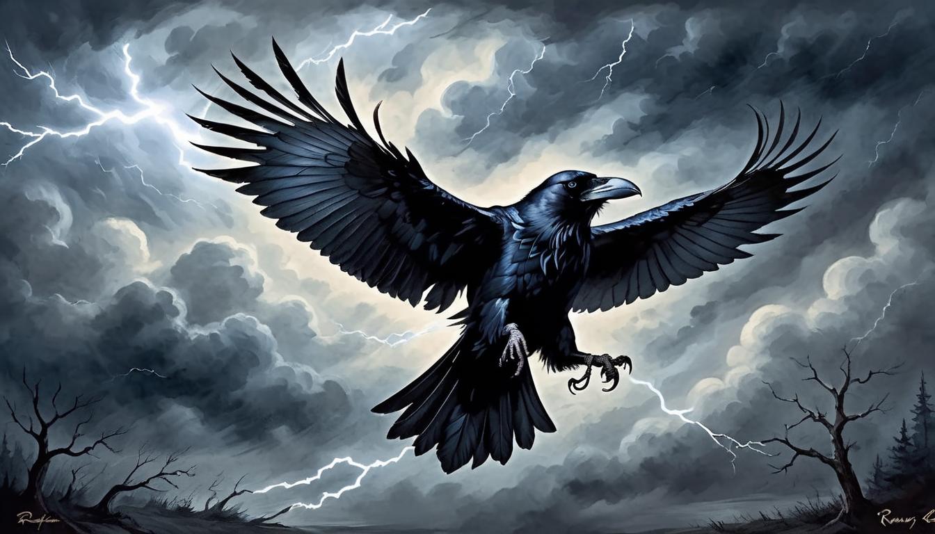  on parchment, surrealism+++, Raven in flight against a stormy night sky, lightning illuminating its feathers, mysterious, powerful(mysterious, provocative, symbolic,muted color)+++