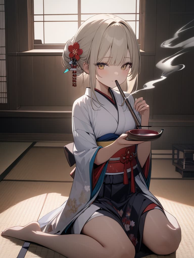  ultra detailed:1.2masterpiece:1.2,best quality,masterpiece,bestquality,hdr:1.1,8k:1.1,very cute girl:1.3,(Japanese smoke pipe:1.7),(holding,Japanese smoke pipe:1.5)blonde hair:1.3,kimono:1.3,sitting wariza:1.5,smoker:1.4, masterpiece, best quality,8k,ultra detailed,high resolution,an extremely delicate and beautiful,hyper detail