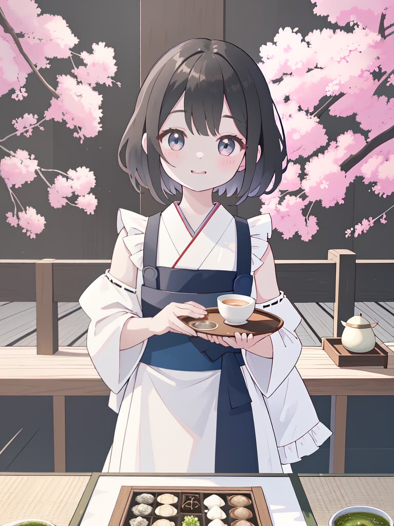  Japanese Painting Style, FRILL APRON, BARE SHOULDER, CARRY A TRAY, HAPPY SMILE, Japanese Cafe, Best Quality: 1.4, ULTRA DETALED EXTURE, Raw PhotOREALISTIC, Absurd Resolution, 8k Illustration, 💩, 💩, 💩, 💩, 💩, 💩,, masterpiece, best quality,8k,ultra detailed,high resolution,an extremely delicate and beautiful,hyper detail