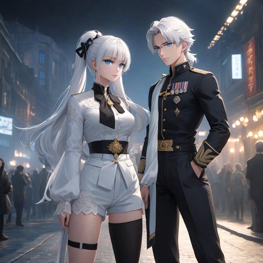  A with her has white hair twisted into two ponytails with black ribbons, blue eyes, a white lace , a medal, and black pants. Next to her is a boy with his white hair, blue eyes, a white lace , a medal, and black pants. hyperrealistic, full body, detailed clothing, highly detailed, cinematic lighting, stunningly beautiful, intricate, sharp focus, f/1. 8, 85mm, (centered image composition), (professionally color graded), ((bright soft diffused light)), volumetric fog, trending on instagram, trending on tumblr, HDR 4K, 8K