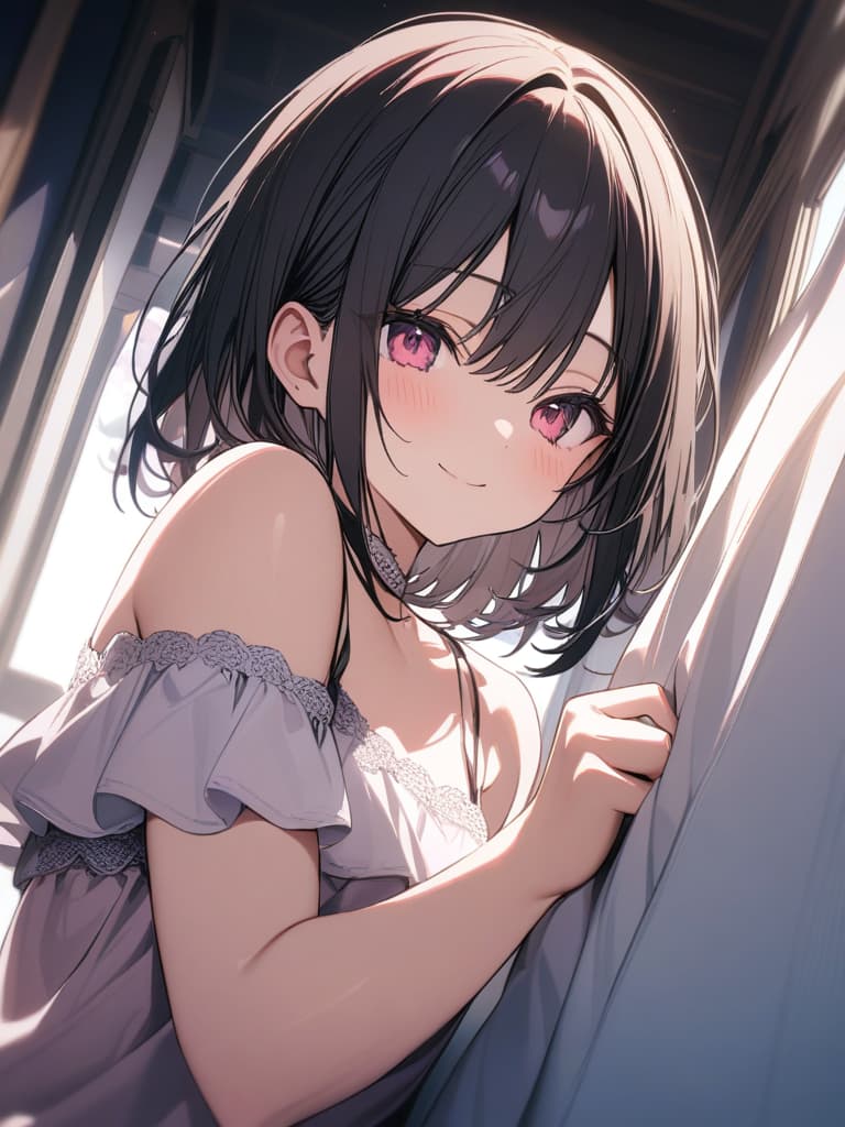  Cute, , young, big s, frills, camisole, bob, black hair, pink eyes, smiles, masterpiece, best quality,8k,ultra detailed,high resolution,an extremely delicate and beautiful,hyper detail