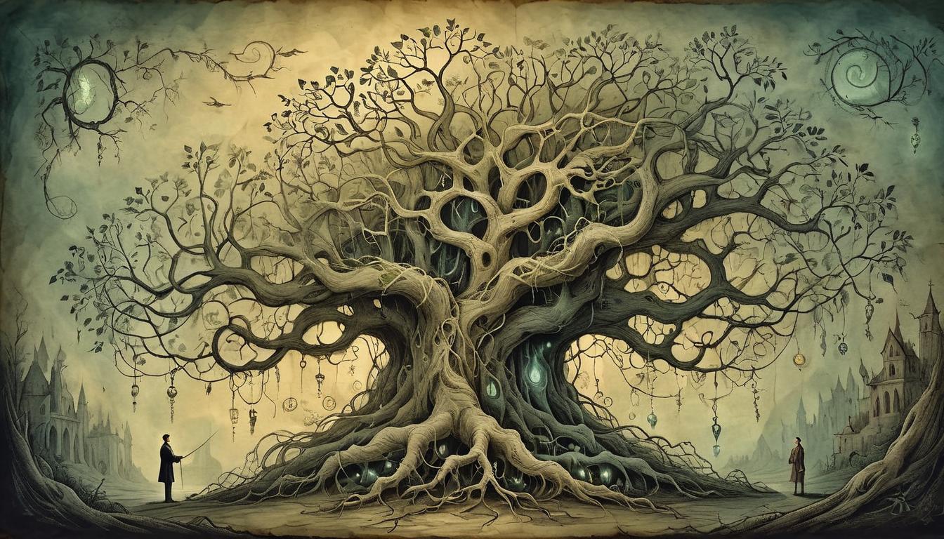  on parchment, surrealism+++, A tangled, glowing network of roots and vines, intertwining deeply into human anatomy, glowing veins, mood of entanglement, ensnared(mysterious, provocative, symbolic,muted color)+++