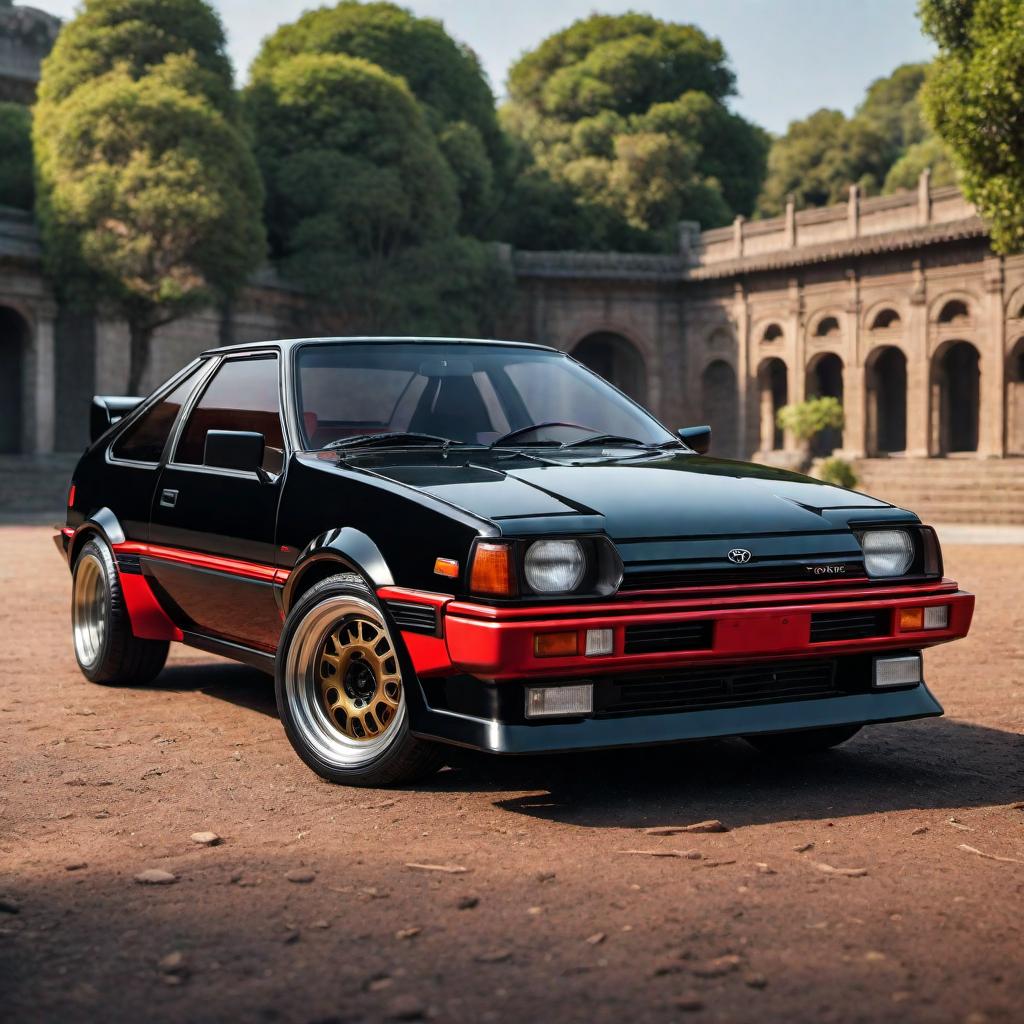  1986 AE86 Toyota Trueno hatchback in red and black. Highlight the iconic design, detailed headlights, front grille, and sporty wheels. Place the car in a scenic background with good lighting to showcase its features. hyperrealistic, full body, detailed clothing, highly detailed, cinematic lighting, stunningly beautiful, intricate, sharp focus, f/1. 8, 85mm, (centered image composition), (professionally color graded), ((bright soft diffused light)), volumetric fog, trending on instagram, trending on tumblr, HDR 4K, 8K