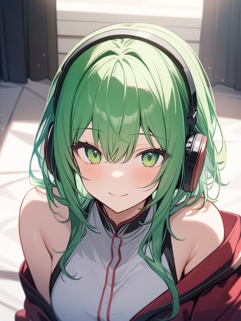  masterpiece,one woman,pretty,delicate green hair color,glossy hair color,short hair,headphones,green eye color,smile,{{{satsuki azalea(Rhododendron indicum)}}},natural light,warm sunlight,high resolution,high quality,8K, masterpiece, best quality,8k,ultra detailed,high resolution,an extremely delicate and beautiful,hyper detail