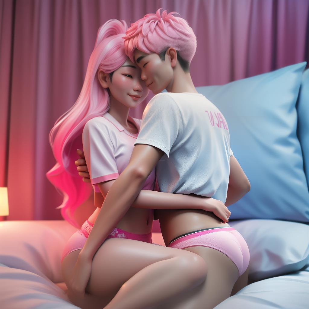  3D render of a Thai love couple wearing underwear and having sex on the bed, realistic sex, white+pink color scheme