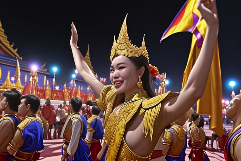  Party at the palace, celebrating victory outside Thai palace in the night sooooo many people There are warriors Look at the picture from a distant perspective.