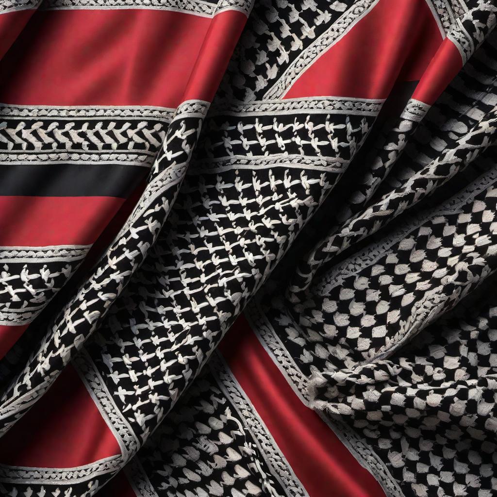  An illustration of a flag made out of Keffiyeh material. The flag should be designed with the traditional black-and-white patterns of the Keffiyeh, accentuating its cultural importance and symbolism of resistance and unity. The flag should be waving majestically, evoking feelings of strength, heritage, and pride. hyperrealistic, full body, detailed clothing, highly detailed, cinematic lighting, stunningly beautiful, intricate, sharp focus, f/1. 8, 85mm, (centered image composition), (professionally color graded), ((bright soft diffused light)), volumetric fog, trending on instagram, trending on tumblr, HDR 4K, 8K