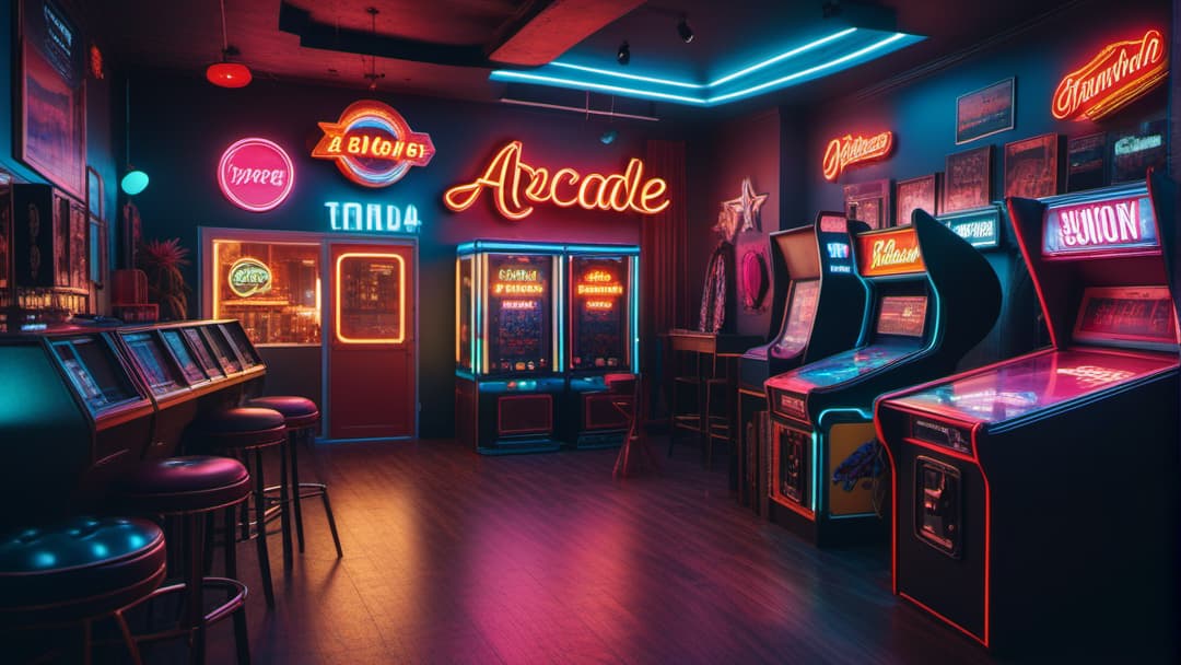  Generate an image of a retro inspired room filled with neon lights, colorful glow, and nostalgic elements such as arcade games, vinyl records, and vintage furniture. additional guidelines Focus on capturing the vibrant colors and unique atmosphere of a neon lit retro home interior. hyperrealistic, full body, detailed clothing, highly detailed, cinematic lighting, stunningly beautiful, intricate, sharp focus, f/1. 8, 85mm, (centered image composition), (professionally color graded), ((bright soft diffused light)), volumetric fog, trending on instagram, trending on tumblr, HDR 4K, 8K