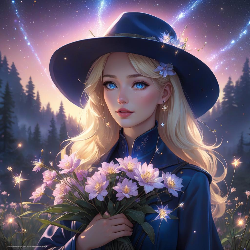  concept art A lady in a hat holding flowers against a beautiful dark blue evening Sky With fireflies and many stars in the sky and the flower he was holding was shining brightly And there are many shooting stars in the sky He has blonde hair and blue eyes, 8k resolution holographic astral cosmic illustration mixed media by Pablo Amaringo . digital artwork, illustrative, painterly, matte painting, highly detailed hyperrealistic, full body, detailed clothing, highly detailed, cinematic lighting, stunningly beautiful, intricate, sharp focus, f/1. 8, 85mm, (centered image composition), (professionally color graded), ((bright soft diffused light)), volumetric fog, trending on instagram, trending on tumblr, HDR 4K, 8K