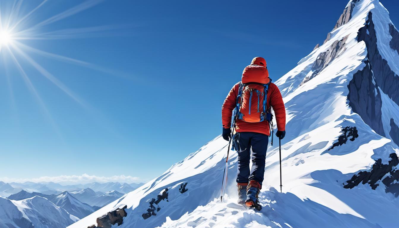  digital illustration, A mountain climber, reaching the summit, sturdy gear and cold breath visible, background of a vast snowy peak under a crisp blue sky, resilience, achievement, triumph, perseverance, looking at viewer, dynamic pose, (intricate details, masterpiece, best quality)