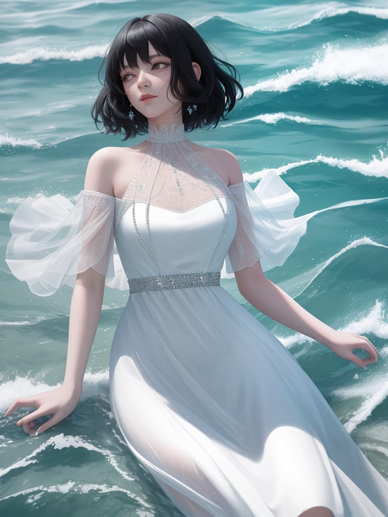  Black hair bob, in the sea, white dress, masterpiece, best quality,8k,ultra detailed,high resolution,an extremely delicate and beautiful,hyper detail