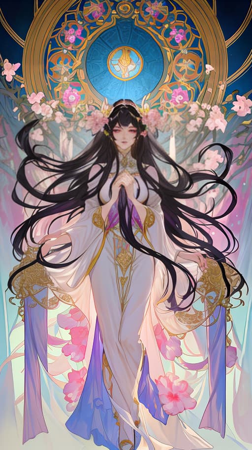  Colourful painting, sargent, Alfons Mucha, frontage, 1girl, a beautiful anime Woman, extremely detailed face and eyes, black hair, long hair, lips, closed mouth, flowers on head, pink, violet, blue colors hyperrealistic, full body, detailed clothing, highly detailed, cinematic lighting, stunningly beautiful, intricate, sharp focus, f/1. 8, 85mm, (centered image composition), (professionally color graded), ((bright soft diffused light)), volumetric fog, trending on instagram, trending on tumblr, HDR 4K, 8K