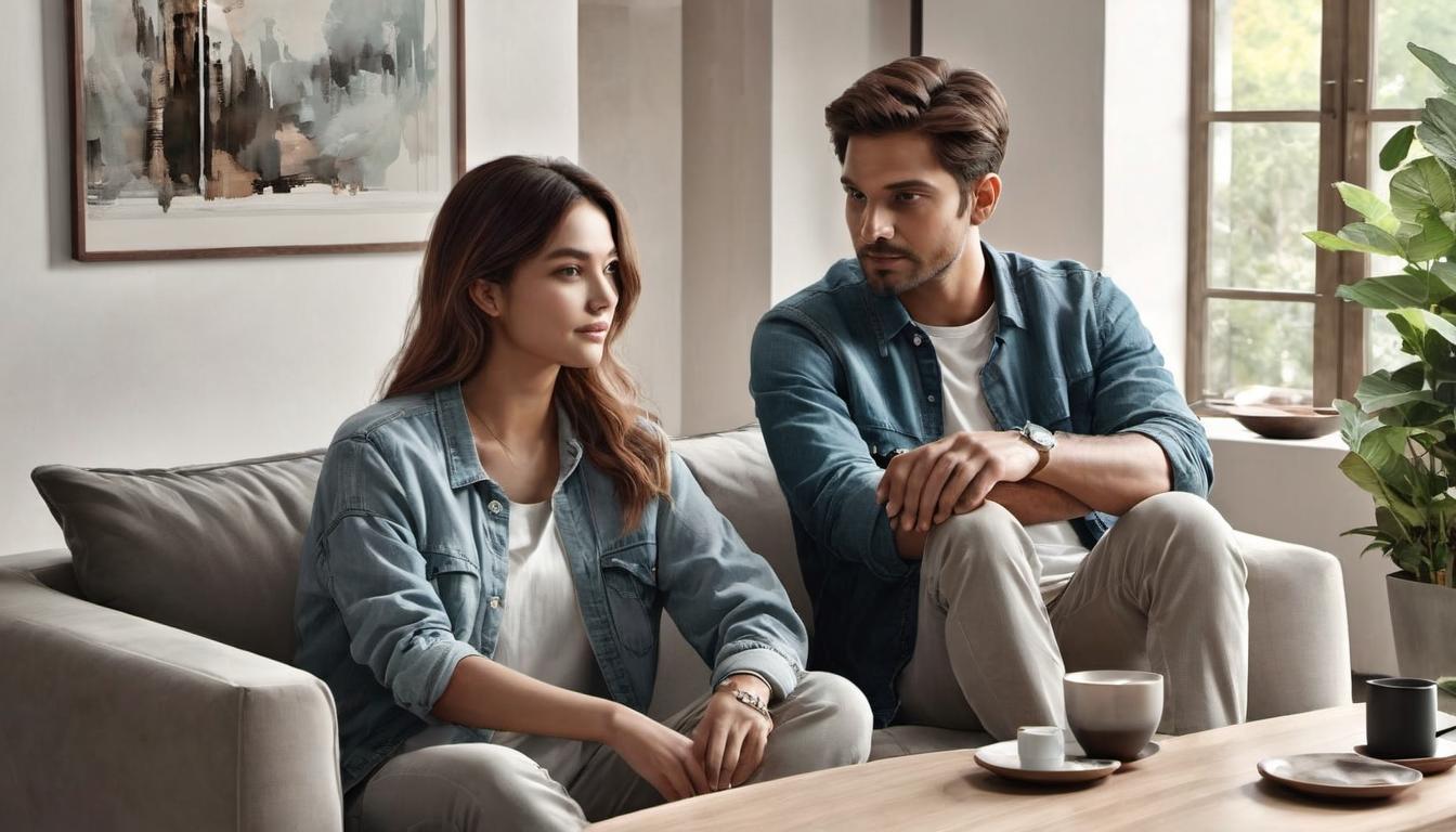  digital illustration, 1man, 1woman, sitting together on a sofa, she holds his hand while talking, both in casual wear, living room with muted colors, sincerity, attentiveness, looking at viewer, dynamic pose, (intricate details, masterpiece, best quality)