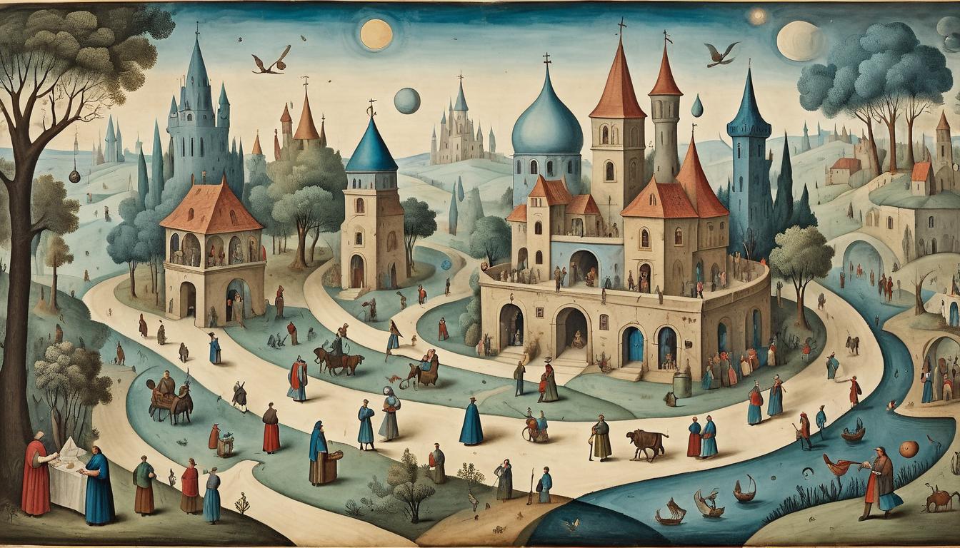  on parchment, surrealism+++, Figures engaged in chance encounters, depicted in various settings like a marketplace, a garden, celestial scenes, emerging possibilities, guidance, serendipity(mysterious, provocative, symbolic,muted color)+++