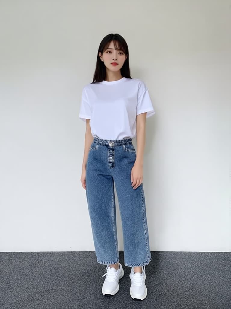  masterpiece, best quality, Masterpiece, ultra high definition, 8K. Front picture, full body. Korean Beauty standing in front of a white wall with nothing. Wearing a white short sleeve T shirt, jeans, and sneakers., photography, cinematic, photorealistic, detailed, realistic, 8k, uhd, high quality, surface details, textures, sharp focus, HDR, 8K, masterpiece, <lora:Perfect Hands:1.2> <lora:add detail xl:0.5> <lora:more details:0.8>