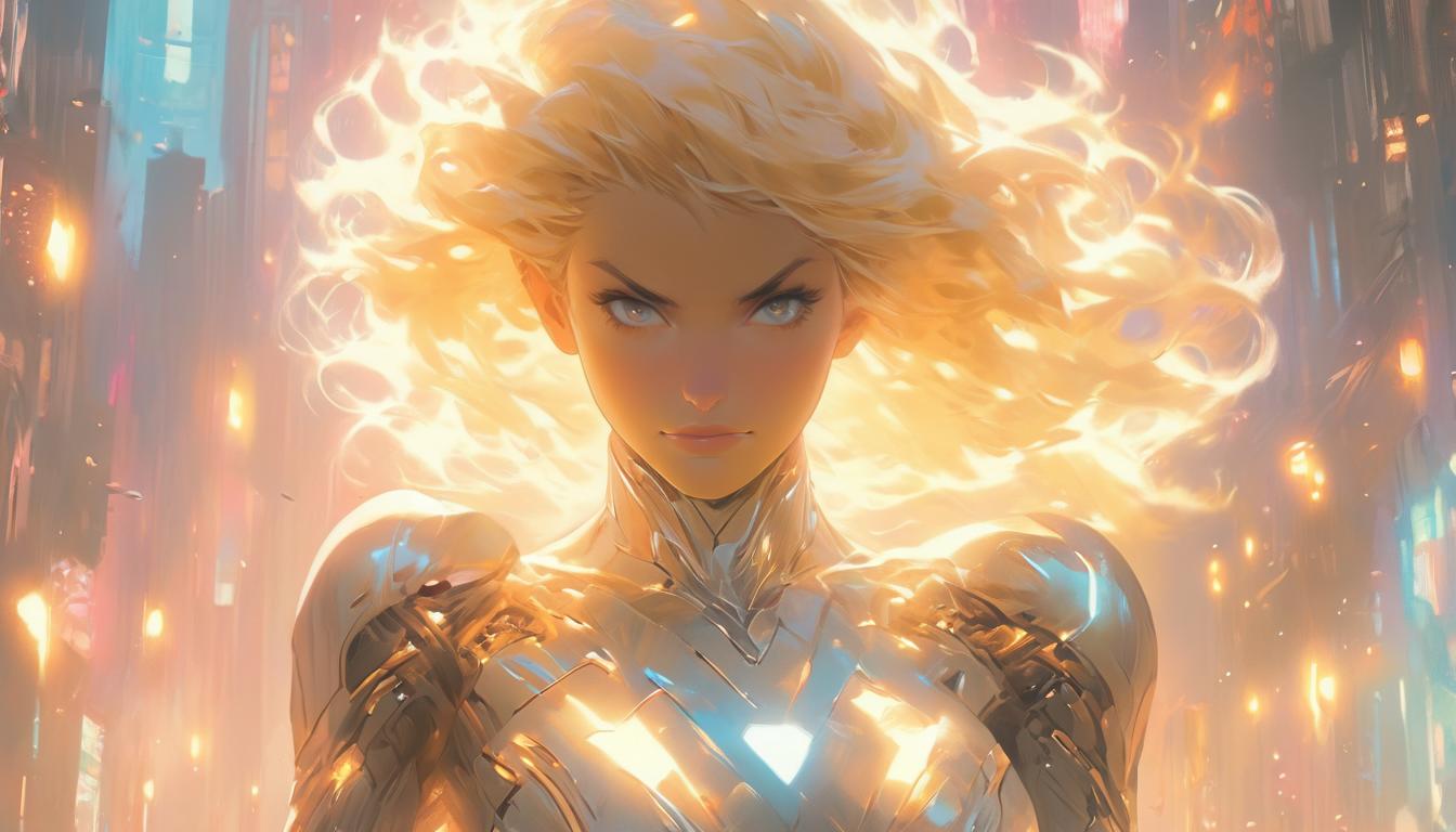  hyperrealism,fantasy aesthetic1woman, large busted attractive blonde arian female humanoid, ethereal astral background, soft colors, dreamy atmosphere, high tech clothing clad in sleek, futuristic costume with metallic accents and form fitting designs, marvel superhero comics style, unreal engine rendering